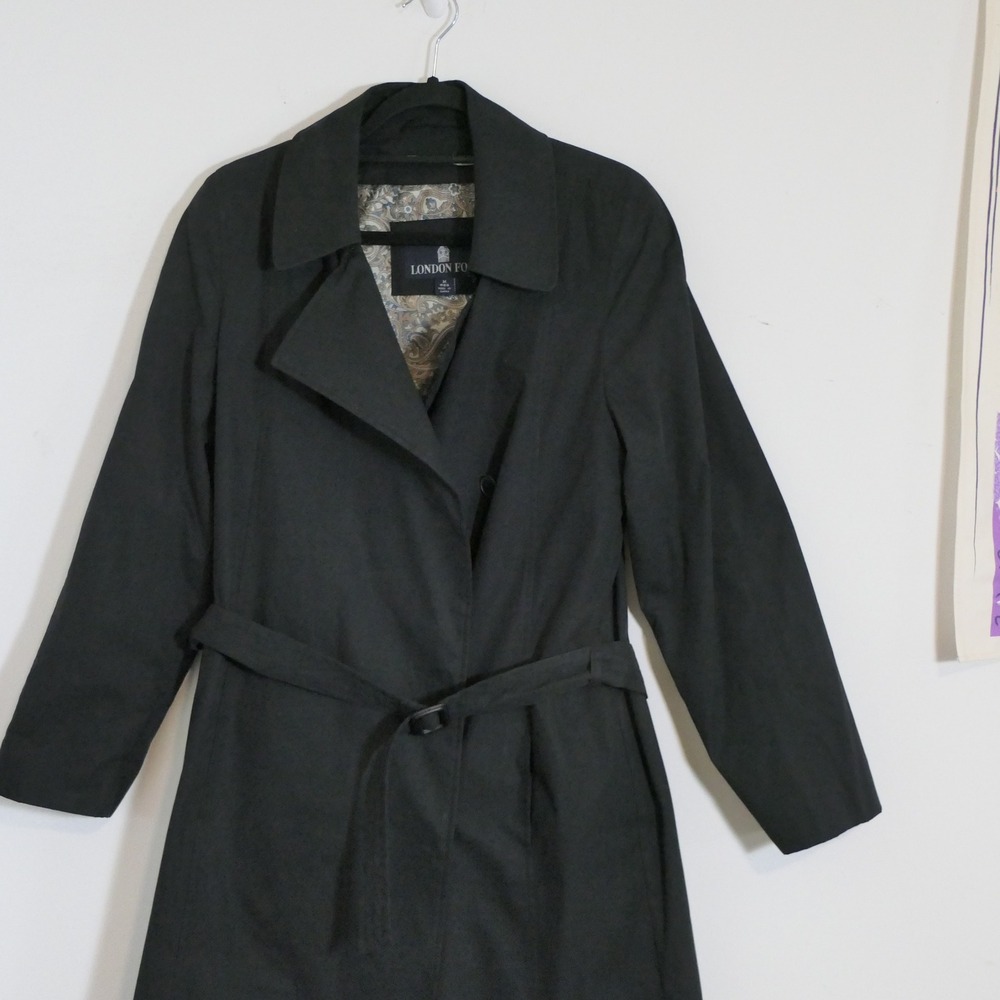 London Fog Women Trench Coat M Black Dark Academia Minimalist Goth Chic Layering